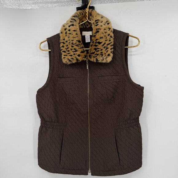 Chico’s Faux Fur Leopard Collar Quilted Vest Winter Brown Size 0 US (4-6 ) - Picture 1 of 10